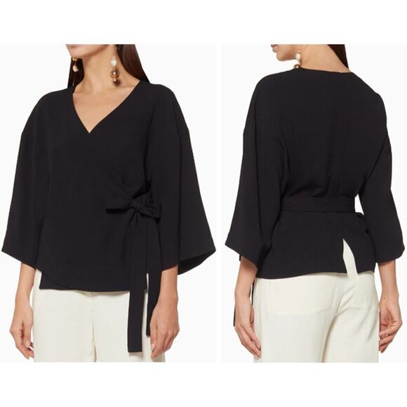 NWT Theory Black Long-Sleeve Wrap V-neck Blouse Top (L) - Picture 1 of 14